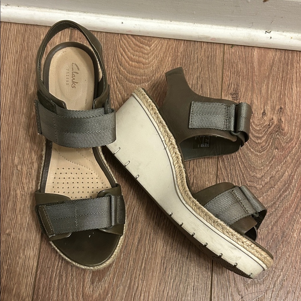 Clarks Olive and Gray Wedge Sandals